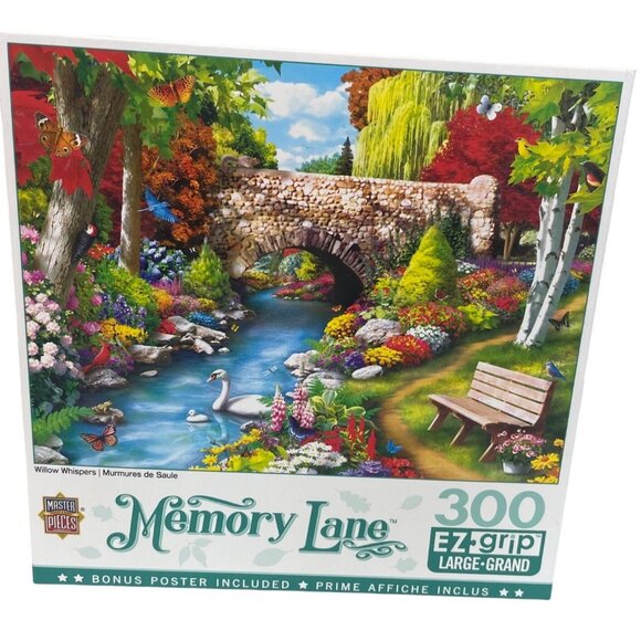 Memory Lane 300-Piece Puzzle Willow Whispers EZ Grip Stone Bridge Swans River - Picture 1 of 3